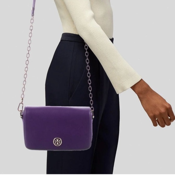 Tory Burch Purple Leather Mini Robinson Chain Shoulder Bag - Picture 2 of 10
